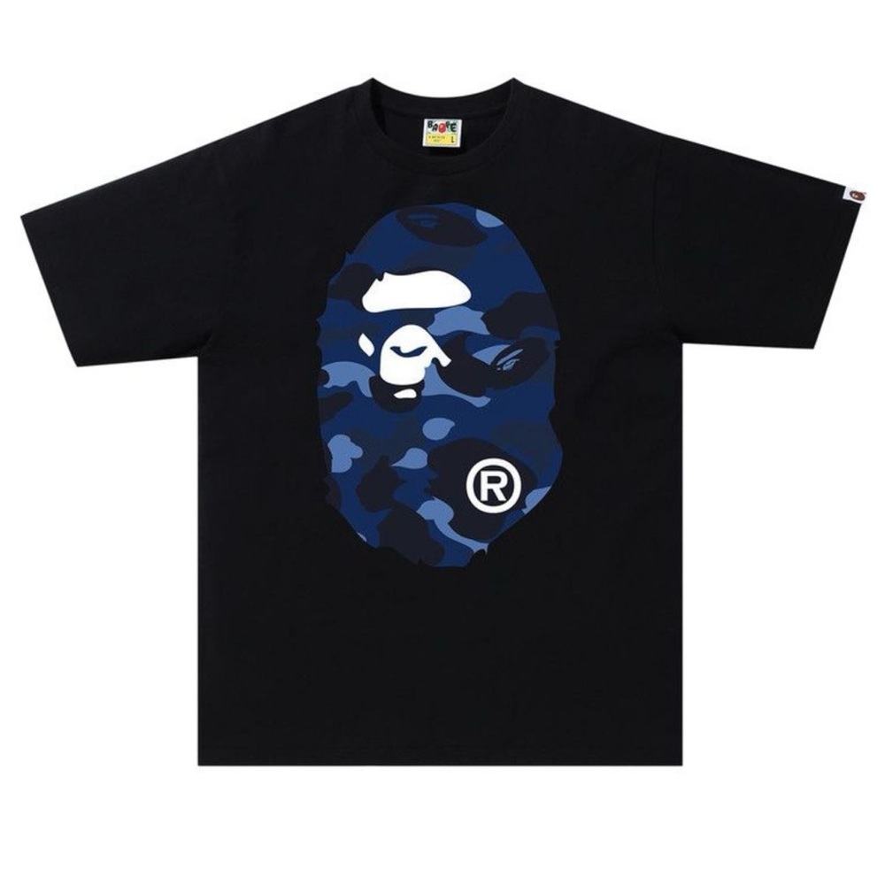 Bape Black Tee with Blue Camo Ape Head Graphic